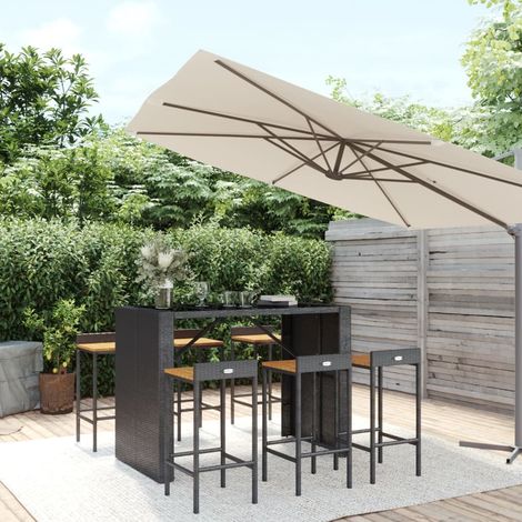Set 1 Table de bar + 6 chaises de bar/Tabourets,Ensemble de bar jardin noir poly rotin/bois massif acacia -BV42394 (1/5)