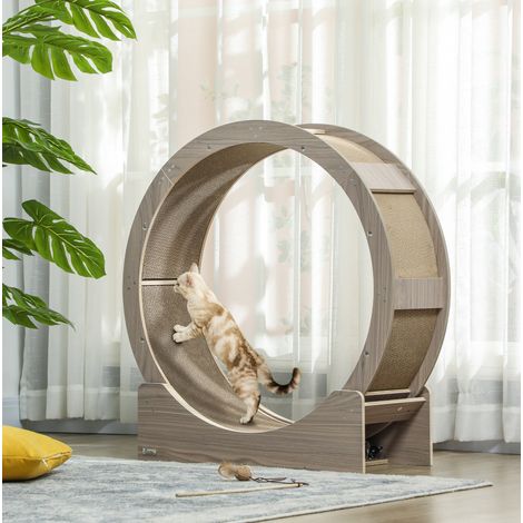 Roue d'exercice chat 91x33,5x94 cm en bois brun, frein, facile à monter intérieur FloraGrace (1/5)