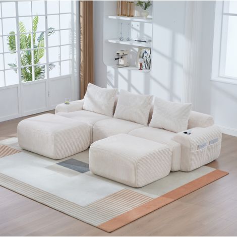 Divano modulare da 3 posti con 2 pouf, portabicchieri e tasca laterale, beige, in velluto a coste (panno), 268x174x80 cm (1/5)