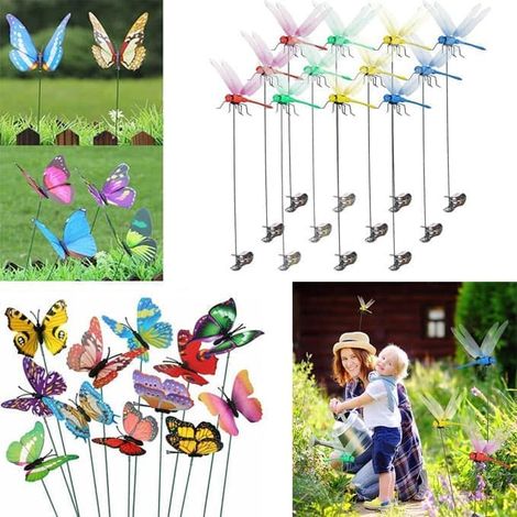 Lot de 52 décorations de jardin – Papillons et libellules 3D en PVC sur bâtonnets avec pince, pour décorer fleurs et balcons extérieurs