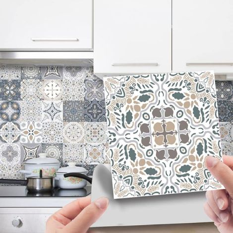 Stickers Cuisines Marron-Gris Rétro Autocollant Anti Huile Cuisine Adhesive pour Cuisine Stickers Murale Adhesif Salle de Bain Deco Cuisine24P,20cm x 20cm (1/4)