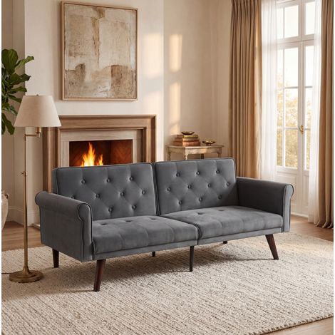 Sofá cama 2 plazas gris en terciopelo con respaldos ajustables y función 2 en 1 (1/5)