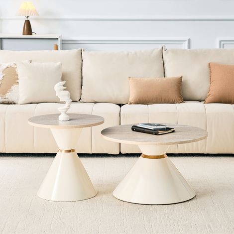Lot de 2 tables basses gigognes Ø70/50 cm, plateau effet travertin, socle conique métal, gain de place, crème doré (1/5)