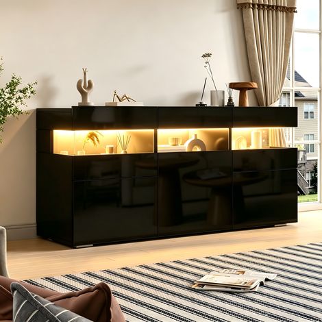 Buffet de salon 140x40,5x66,5 cm, commode 3 portes, meuble haut brillant avec bande LED, caisson acrylique transparent, armoire 7 compartiments, largeur 140 cm, noir. (1/5)