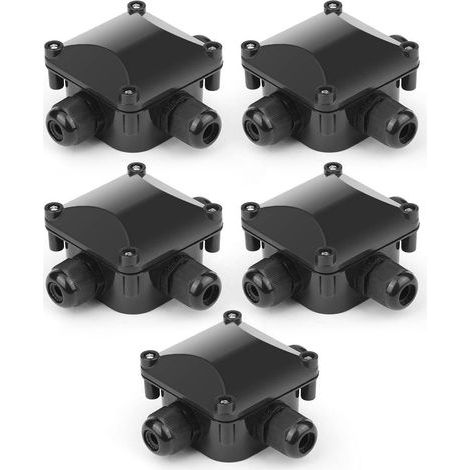 5 boîtes de dérivation étanches IP68 - Boîte de distribution extérieure étanche, Connecteurs de câbles, Câble de terre - 3 broches - jardin, Acrylonitrile butadiène styrène, Noir (1/5)