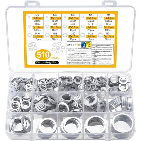 510 pièces de joint d'évacuation d'huile, ensemble de joints d'étanchéité en métal, sous-rondelles en aluminium, assortiment de rondelles plates, joints de bride, ensemble de joints plats, M5 M6 M8 (1/5)
