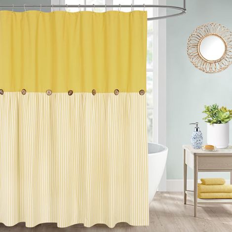 Farmhaus Rideau de douche, rayures jaunes et jaunes, rideau à boutons, en lin et coton, tissu tissé, charme rustique, style maison de campagne, 180 x 180 cm (1/5)