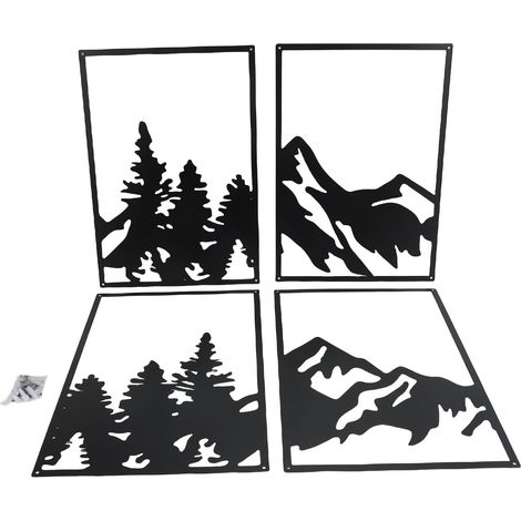 4 art mural montagne métal fer minimaliste dessin ligne – Déco salon chambre bureau noir type D, décoration (1/5)