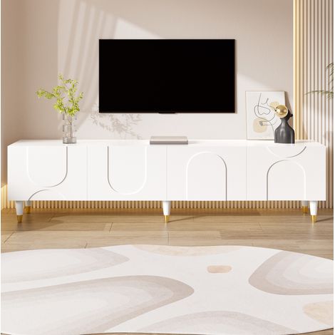 Meuble TV 180cm blanc, 4 Portes sculptées à arches asymétriques, pieds en bois massif, Design moderne et épuré (1/5)