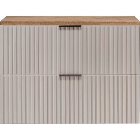 Furnidea - Meuble sous vasque à suspendre FLOW cachemire avec le plan chêne wotan 80 cm - 2 tiroirs - façades rainurées (1/5)