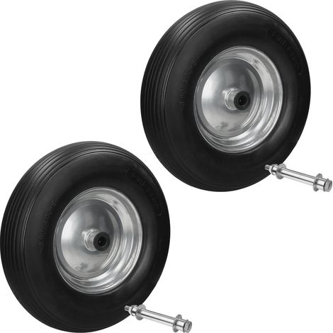 ECD Germany 2er Set Schubkarrenrad aus pannensicherem PU Vollgummi, Ersatzrad Gummirad mit Achse, 4.80/4.00-8, Durchmesser 390mm, Schwarz, 200kg, Reifen mit Stahlfelge für Schubkarre und Gartenkarren