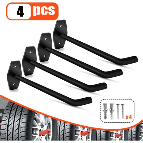 Sistema di ganci a parete per garage, resistente, composto da 4 pezzi, di colore nero, per riporre pneumatici, attrezzi e biciclette. (1/5)
