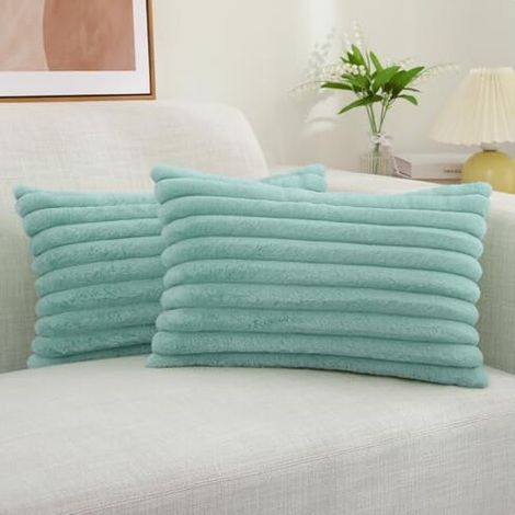 Fundas de almohada de piel sintética para primavera, 30 x 50 cm, juego de 2 piezas, funda lumbar a rayas, reverso de terciopelo, estilo Aqua Decor a juego.