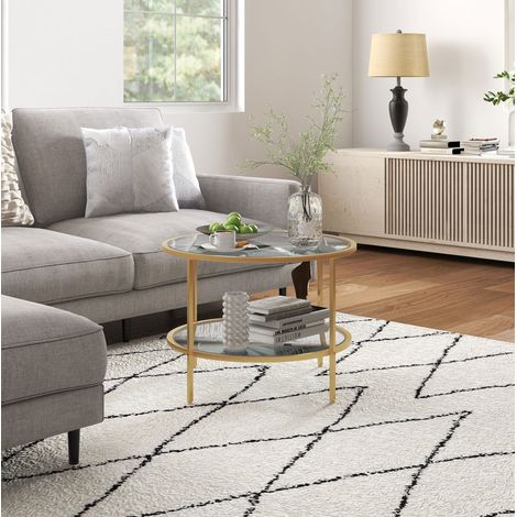 Mesa auxiliar redonda (Ø60 x 43 cm), de 2 niveles, con estante, vidrio templado y acero, color dorado (1/5)