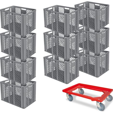 BRB 10er Spar-Set Euro-Stapelbehälter Plus Transportroller, 600x400x410 mm Industriequalität lebensmittelecht grau (1/2)