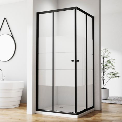 Schwarzer Duschkabine 75x75 cm Schiebetür Duschabtrennung Eckeinstieg Doppel Schiebetür, 6mm ESG Sicherheitsglas mit weißen Querstreifen-Dekor, Duschwand Höhe 185cm, LINKS & RECHTS MONTIERBAR