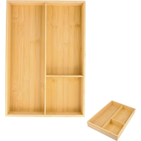 Large Cutlery Tray for Drawer, 43 x 30 x 6 cm Cutlery Storage Drawer Kitchen 3 Compartments Bamboo Cutlery Tray, Cutlery Organizer, Wooden Cutlery Box for Utensils (1/5)