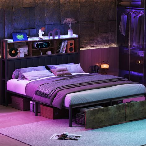 Lit rembourré adulte/ado 140x200 cm avec éclairage LED, ports USB, 2 tiroirs au pied, similicuir gris (1/5)