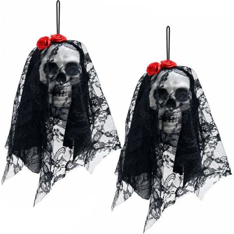 Décoration Halloween Tête de Mort Suspendue, Mariée Fantôme avec Voile Noir pour Porte Mur, Accessoires Fête Horreur Maison - 25cm (1/5)