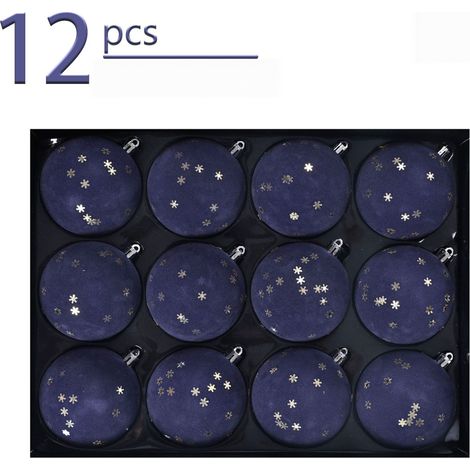 Boules de Noël velours bleu foncé 12 pièces 8 cm, ornements sapin motifs flocons romantiques, coffret (1/5)