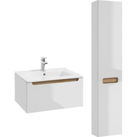 Ensemble meuble simple vasque encastrée 60cm 1 tiroir et colonne Livia Blanc et Bois (1/5)