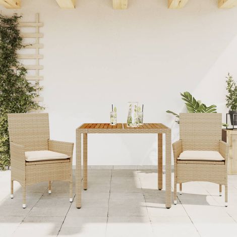 3-tlg. Garten-Essgruppe mit Kissen Beige Poly Rattan Akazie