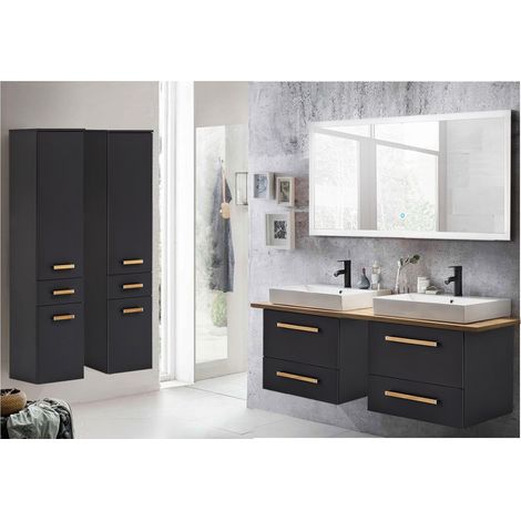 Badmöbelset anthrazit, Landhaus Eiche NB. DABO-04 mit Doppel-Waschtisch, LED-Spiegel & 2 Hochschränken, B/H/T 250/200/50 cm (1/5)
