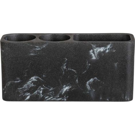Set d'accessoires salle de bain , Porte brosse à dent 3 compartiments et Rangement tiroir salle de bain vide poche Novara, polyrésine effet marbre, gris - noir (1/5)