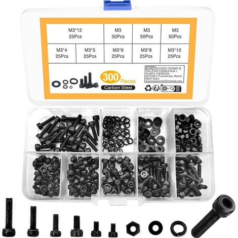 300 Pcs M3 Vis à Six Pans, Douille à Tête Hexagonale avec écrous et Boulons M3, Cylindrique Six Pans Creux en Acier d'Alliage avec Ecrous- 4/5/6/8/10/12mm, Noir (1/5)