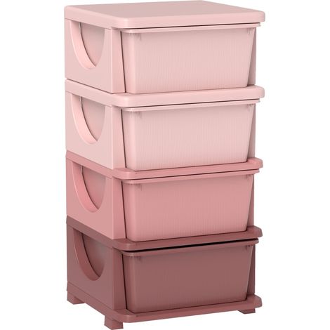Boîte de rangement pour enfant avec 4 tiroirs, design surélevé, plastique rose, 37x37x76 cm (1/5)