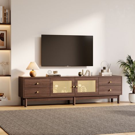 URBAN MEUBLE Meuble TV style vintage effet bois noyer avec 2 portes en rotin, 4 tiroirs 180x35x44cm (1/5)