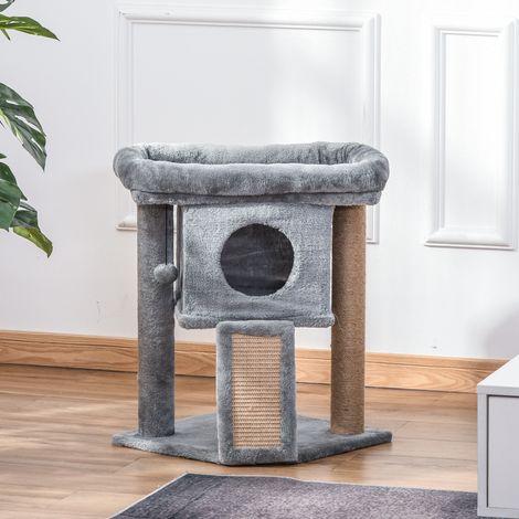 Arbre à chat de 57 cm pour petits chats avec poteau en jute, rampe à griffer, coussin et balle suspendue, 40 x 40 x 57 cm, gris