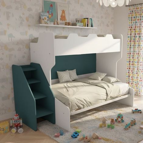 Letto a castello 3 posti con terzo letto estraibile e scaletta contenitore - Una piazza e mezza - Bianco e Petrolio (1/5)