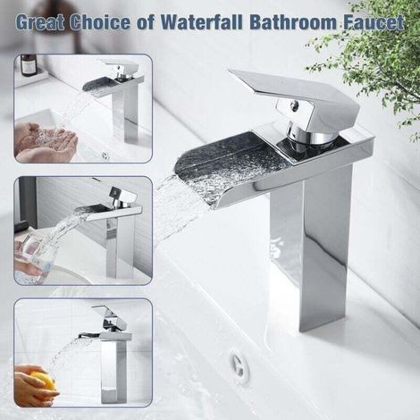 Robinet Salle Bain Cascade Chromé Mitigeur Lavabo en Laiton Moderne Carré Robinet Lavabo Bec Large Mitigeur Salle de Bain Robinet Lave Main Argent, eau Froide et Chaude,G3/8 (1/5)