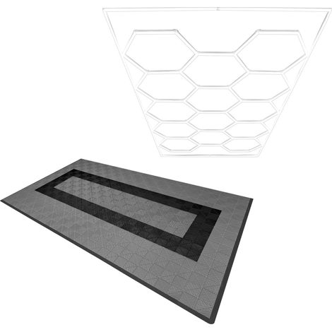 Carrelage de Sol Ventilé Modulaire Imbriqué Lot de 90 Gris & 30 Noir Avec Bordure & 14 Lampes Hexagones Lumière Blanche 6500K 3 Choix de Montage & Kit Plafond Suspendu Individuel Double Sol de Garage