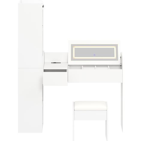 Tocador blanco con espejo LED, carga USB, taburete y armario lateral MODENUIT (1/5)