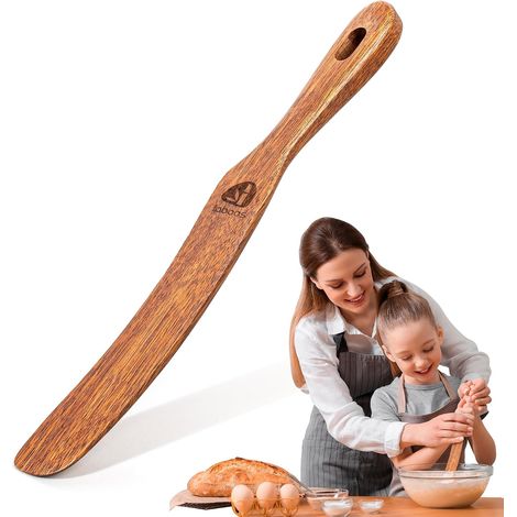 Spatule à pain coudée en bois – Outil de brassage en teck de 27,9 cm de long avec poignée épaisse confortable, trou facile à accrocher, s'adapte aux bocaux étroits et au mélange de pâte – Ustensile en (1/5)