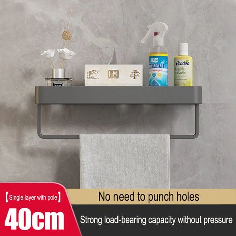 (Gris 40 cm avec barre) Porte-serviettes mural gris sans perçage pour salle de bain et autres articles ménagers (1/5)