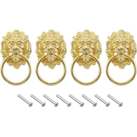 4Pcs Lion Head Pull Handles, 3.54" x 2" Zinc Alloy Vintage Lion Shape Door Handle for Front Door with Pull Ring, Gold Color (1/5)