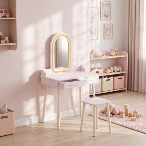 Coiffeuse enfant 2-en-1 rose avec miroir LED à 3 couleurs, 2 tiroirs et tabouret, table de maquillage et bureau d’activités pour fille de 3 à 8 ans – CHICFURN (1/5)
