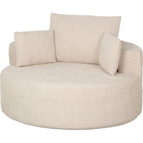 Pouf canapé rond en chenille. grande assise. 2 coussins. 1 dossier. 1 traversin. charge 250 kg. 130x130x82 cm crème. accueille toute la famille en confort. douceur résistante pour un usage quotidien (1/5)