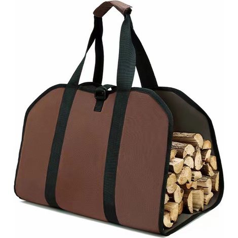 Sac à bûches en toile Oxford marron, imperméable, avec poignées et sangles robustes et antidérapantes. (1/4)
