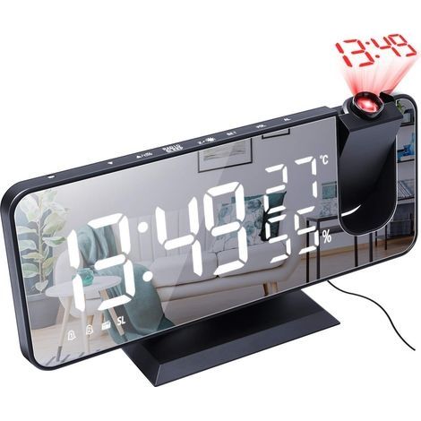 Projektionswecker fürs Schlafzimmer, großer 7,4-Zoll-LED-Spiegelbildschirm und Radiowecker mit 4 Dimmstufen, USB-Ladefunktion, 180° drehbar, 2 Wecktöne, Schwarzweiß (1/4)