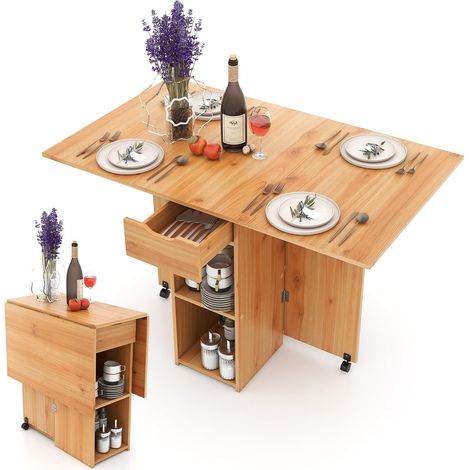 Costway – Table pliante extensible 120x72 cm – 1 tiroir et 2 étagères – Gain de place pour 4 personnes – Bois d'ingénierie naturel (1/5)