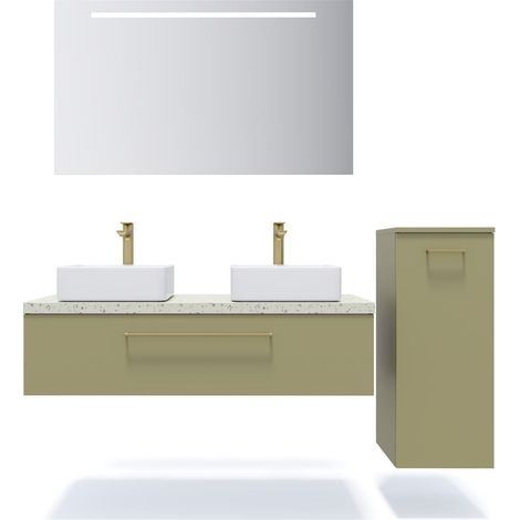 Meuble de salle de bain suspendu 2 vasques à poser 120cm 1 tiroir Vert olive + miroir + colonne ouverture droite - Glasgow (1/5)