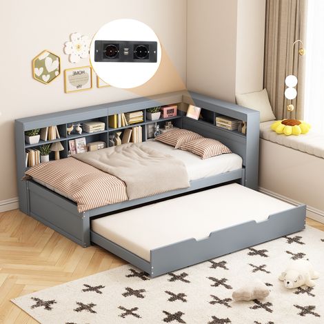 Letto a soppalco 90x190 cm / 90x200 cm, con ricarica USB, spazio di stoccaggio, rete a doghe in legno, struttura in metallo, per bambini, adulti - Grigio
