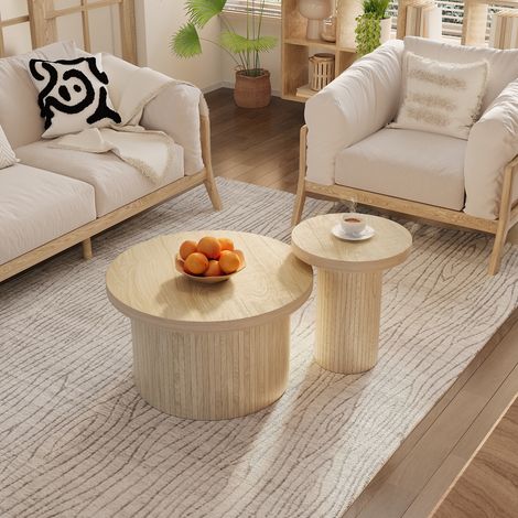 Lot de 2 tables basses gigognes rondes à lattes en bois naturel, structure en bois massif, 66x66x40+40x40x46cm, adaptées pour salon et balcon - Coloris naturel (1/5)