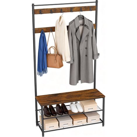 Portemanteau d’Entrée avec Banc de Rangement à Chaussures, Style Industriel, 85 x 32 x 175 cm, Marron et Noir (1/5)