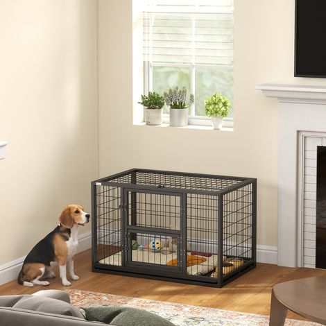 Gabbia per cani resistente, cuccia per interni con tetto apribile e sportello per il cibo, in acciaio, 94 x 60 x 64 cm, nera.
