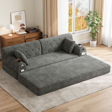 3-Sofá cama, sofá de corduroy comprimido con respaldo alto, marco de metal, espuma de alta densidad, 2 portavasos y 4 bolsillos laterales, adecuado para salas de estar y espacios pequeños, gris oscuro (1/5)